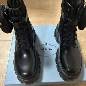 PRADA Monolith leather and Re-Nylon combat boots with pouch